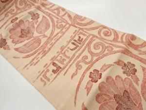 手織り紬丸文に花葉・抽象模様織出し名古屋帯